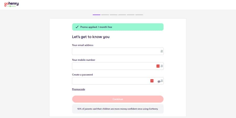 gohenry application page with 1 month free offer