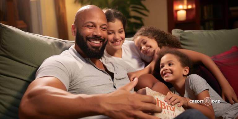 A father sitting on a cozy couch with his two daughters and son, smiling while using financial literacy flashcards to teach them about money.